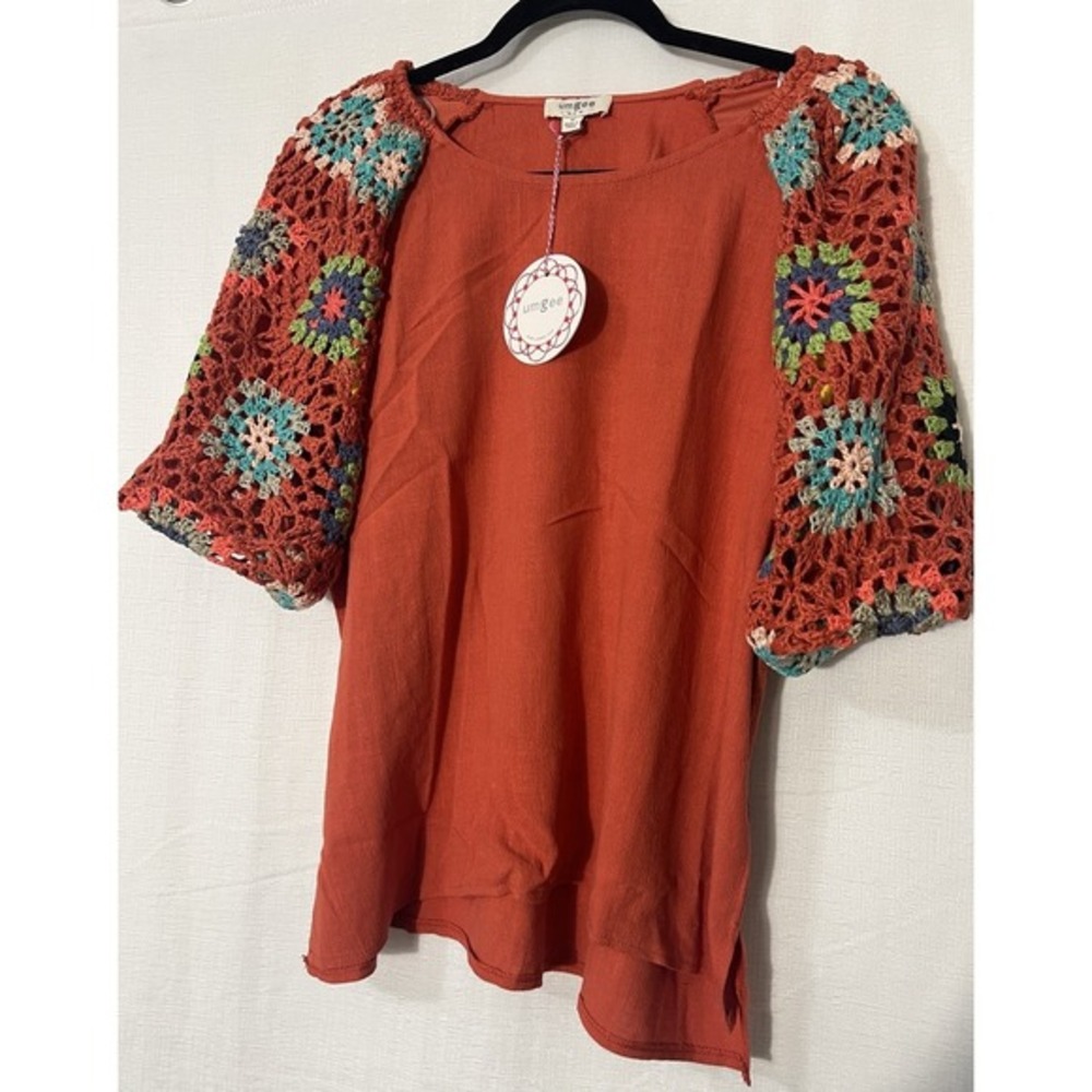 New😍 Umgee Sunset Crochet Granny Square Sleeve Boho Cottage Core Linen Blend M - Picture 3 of 9